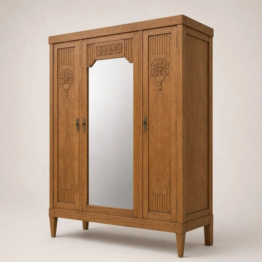 Armoire art déco chêne brut et miroir biseauté