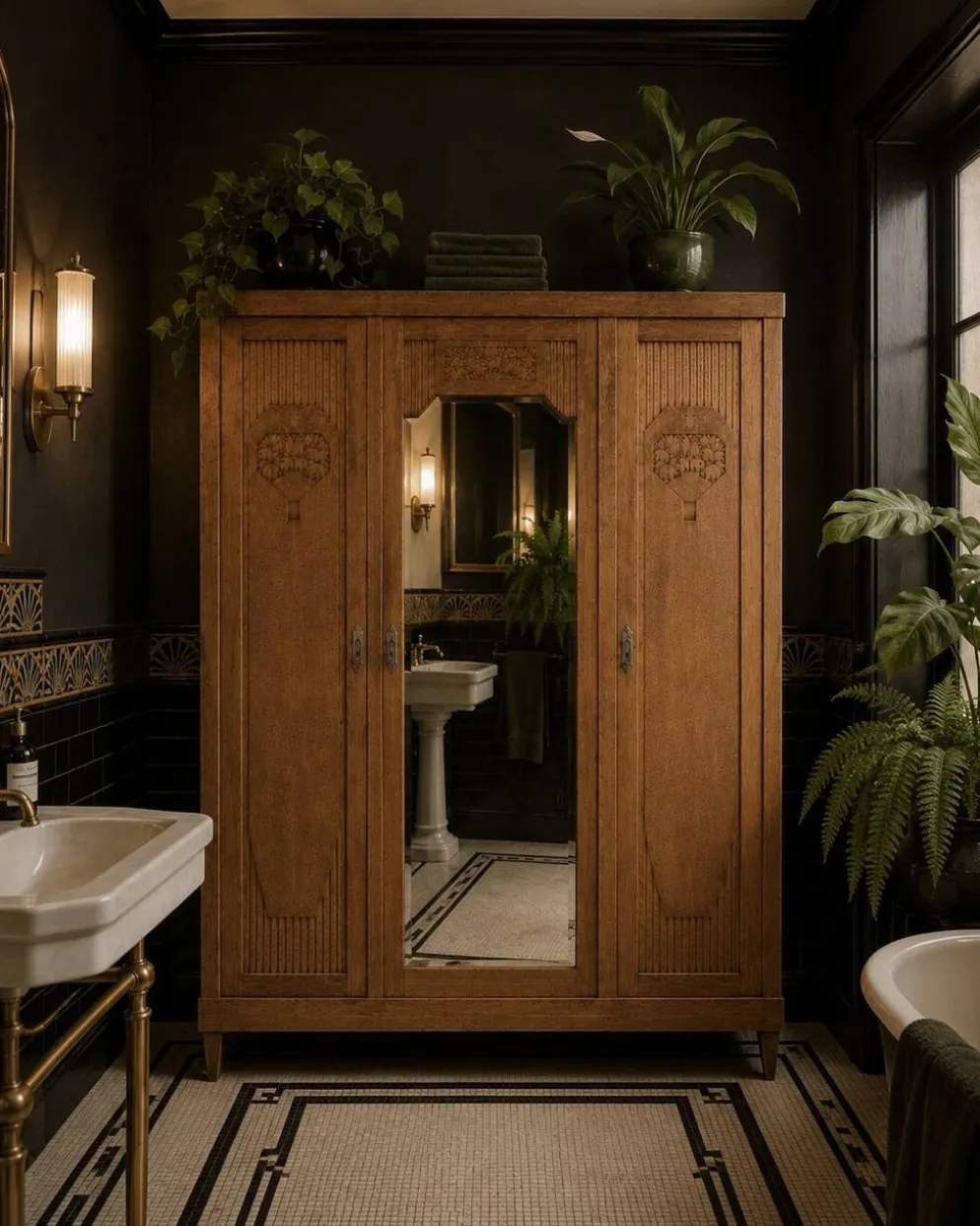 Armoire art déco chêne brut et miroir biseauté
