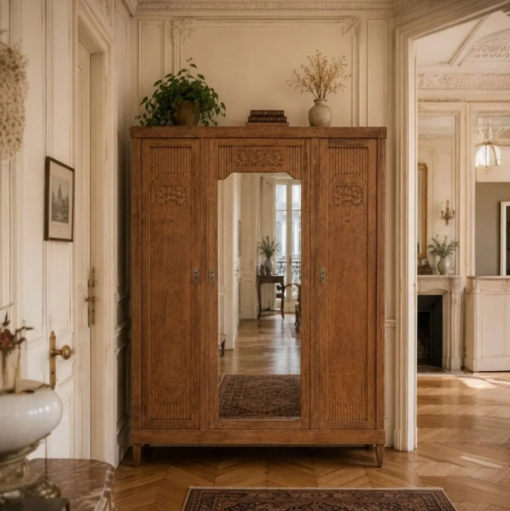 Armoire art déco chêne brut et miroir biseauté