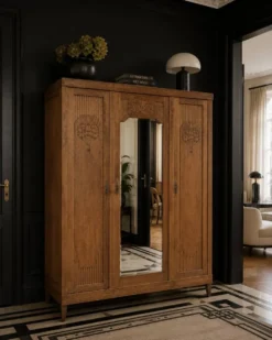 Armoire art déco chêne brut et miroir biseauté