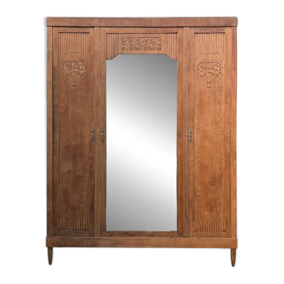 Armoire art déco chêne brut et miroir biseauté