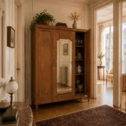 Armoire art déco chêne brut et miroir biseauté
