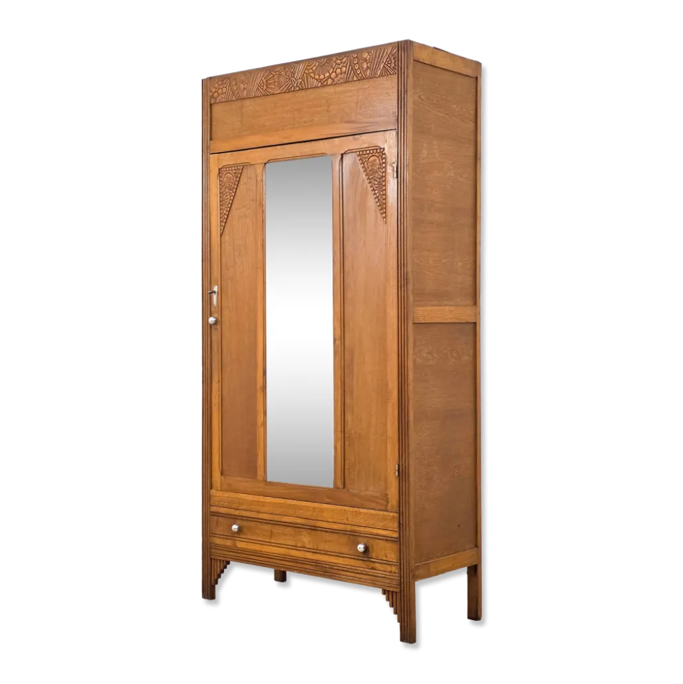 Armoire Art déco en bois sculpté avec miroir années 1930