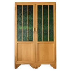 Armoire Art Déco en chêne et verre cathédrale vert - Années 1930