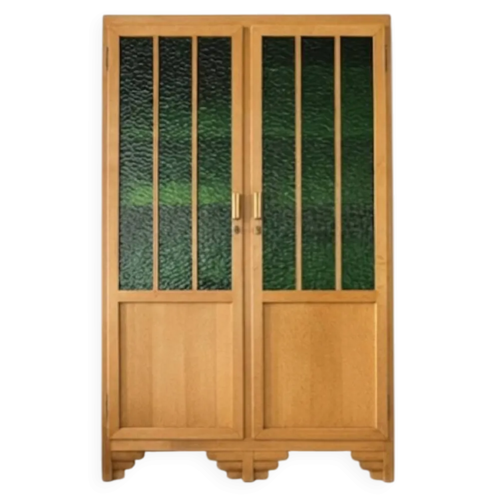 Armoire Art Déco en chêne et verre cathédrale vert - Années 1930