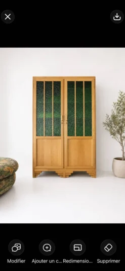 Armoire Art Déco en chêne et verre cathédrale vert - Années 1930