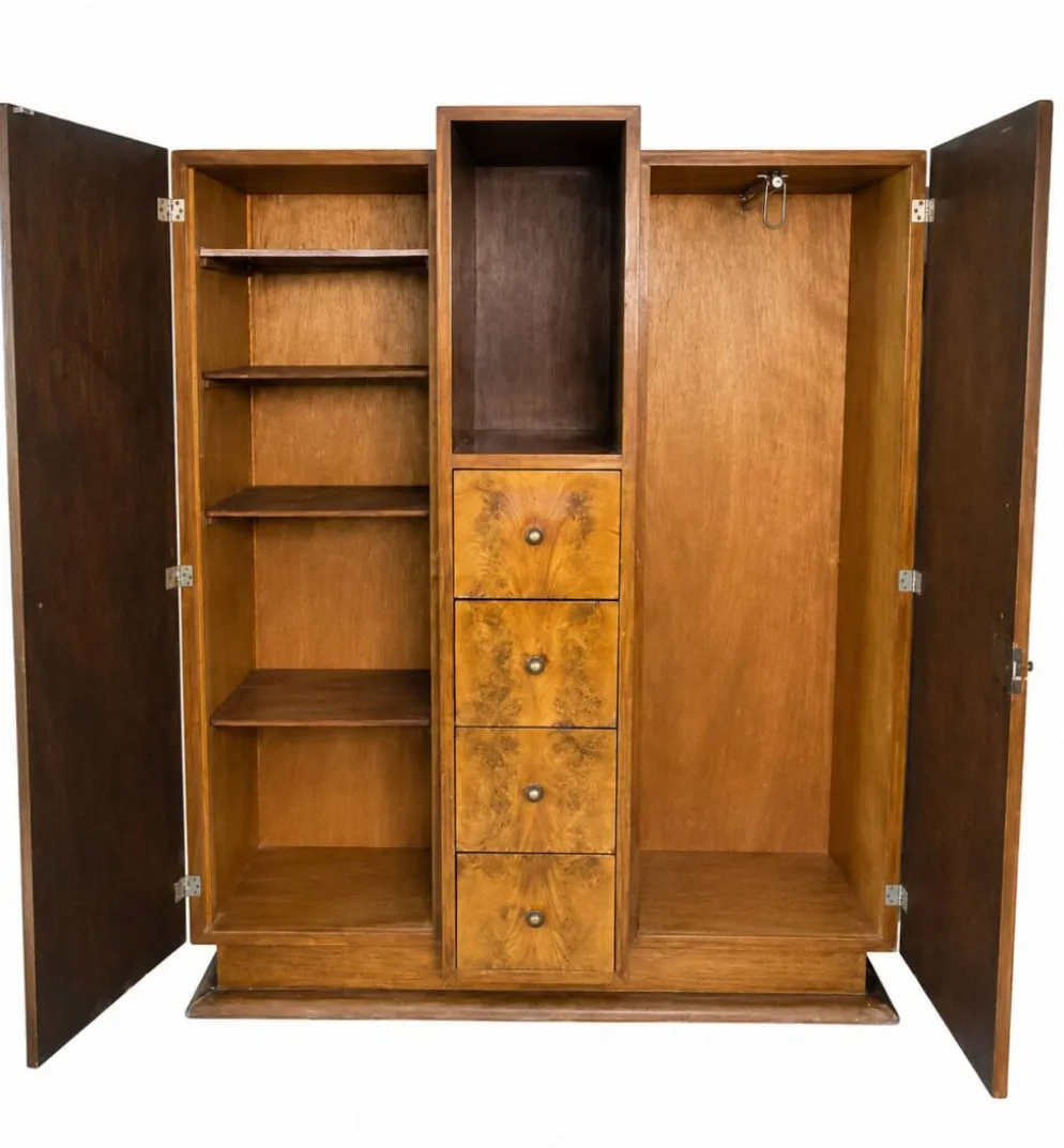 Armoire Art Déco, placage de ronce de bois, niche centrale & 4 tiroirs