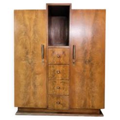 Armoire Art Déco, placage de ronce de bois, niche centrale & 4 tiroirs