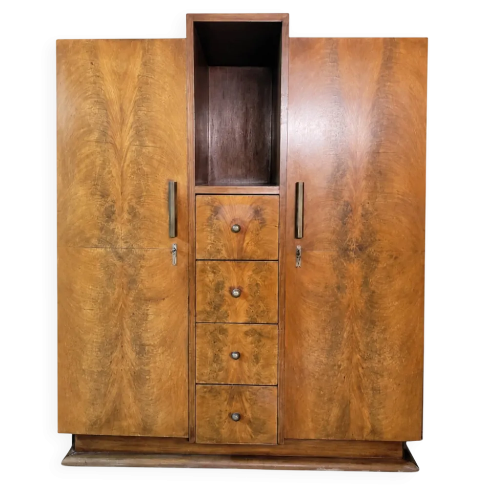Armoire Art Déco, placage de ronce de bois, niche centrale & 4 tiroirs