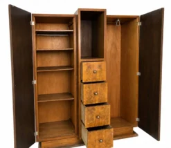 Armoire Art Déco, placage de ronce de bois, niche centrale & 4 tiroirs