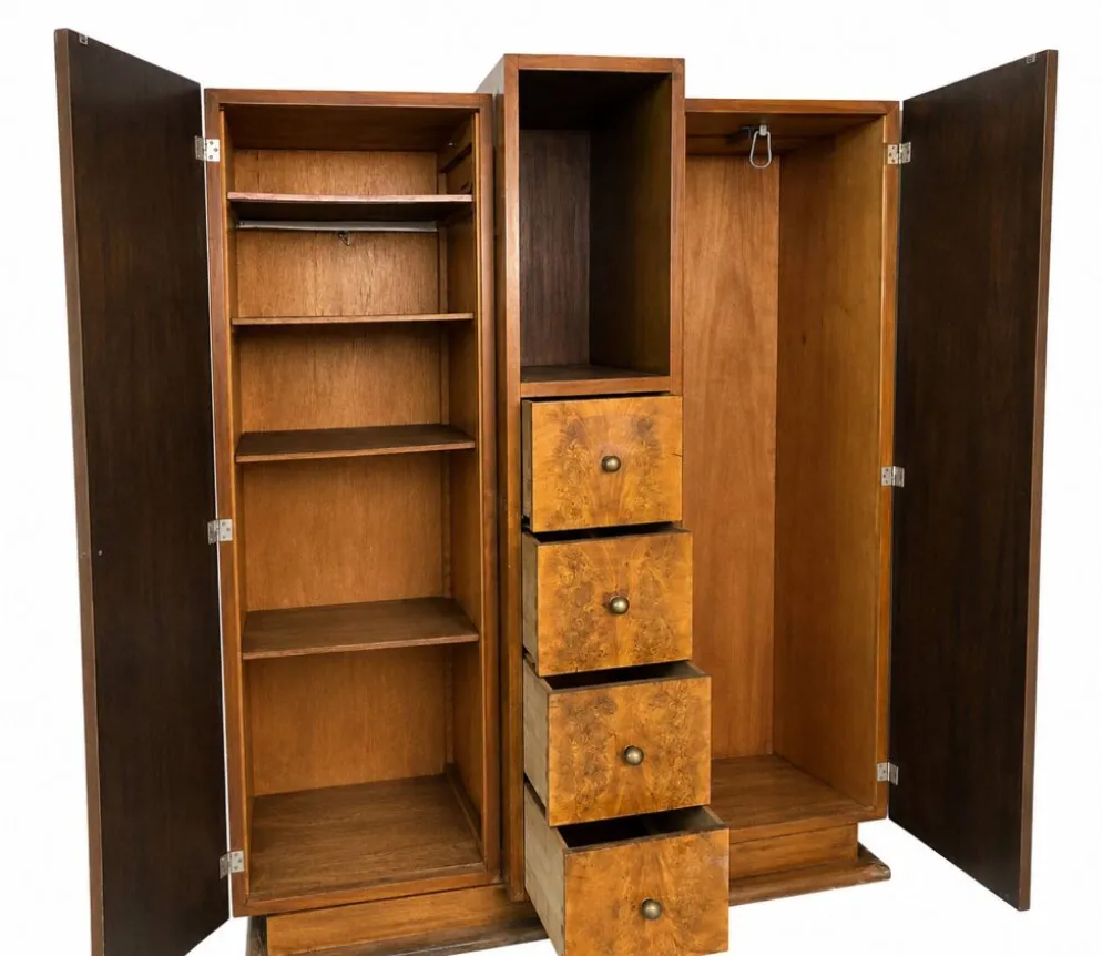 Armoire Art Déco, placage de ronce de bois, niche centrale & 4 tiroirs