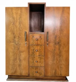 Armoire Art Déco, placage de ronce de bois, niche centrale & 4 tiroirs
