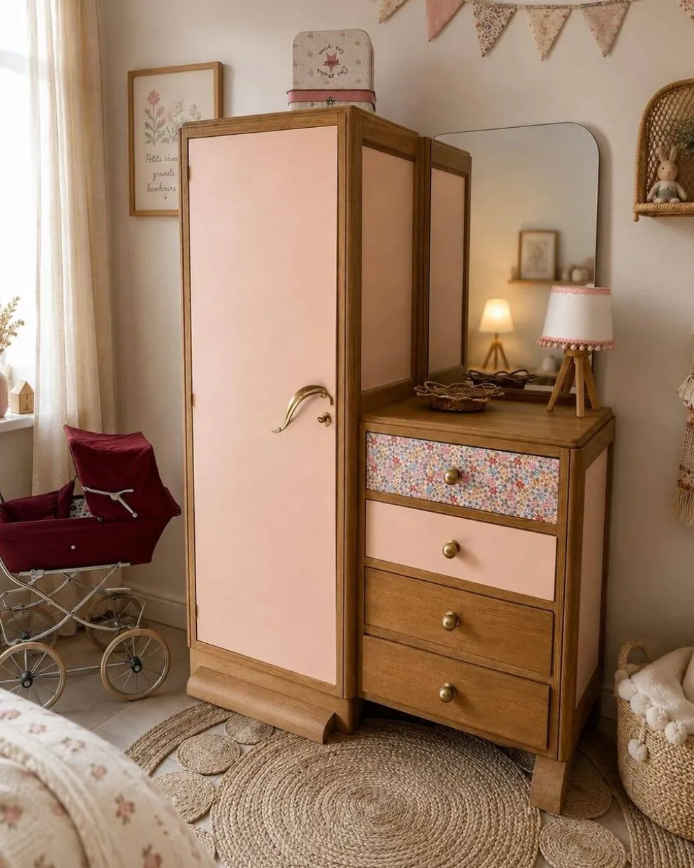 Armoire asymétrique fleurie, chêne naturel & rose poudré