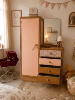 Armoire asymétrique fleurie, chêne naturel & rose poudré