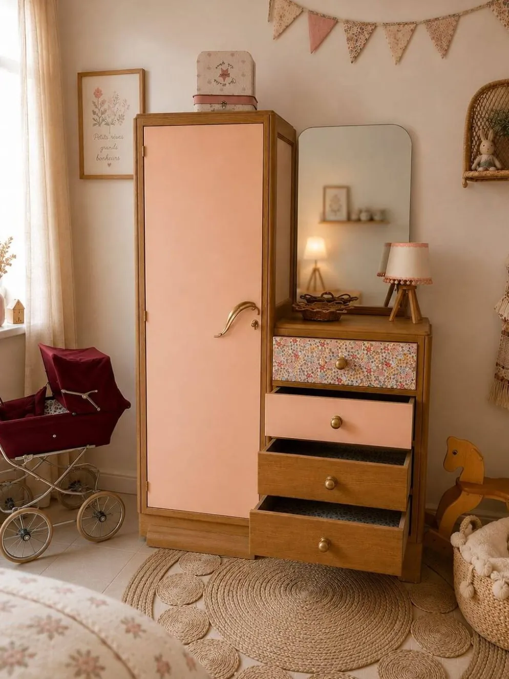 Armoire asymétrique fleurie, chêne naturel & rose poudré