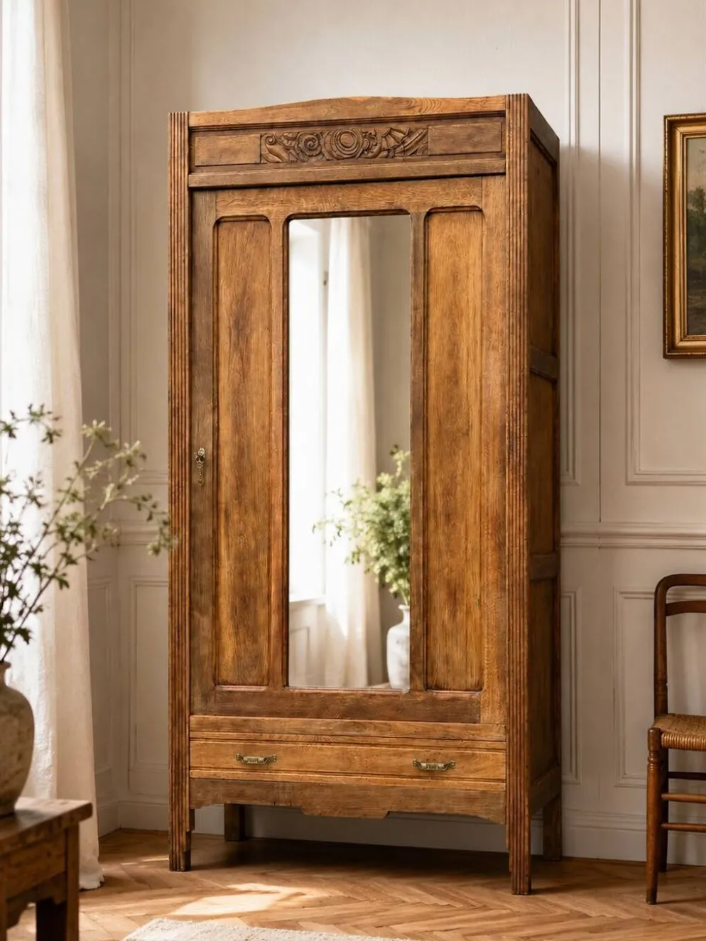 Armoire bonnetière parisienne art déco chêne brut et massif