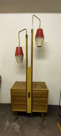 Armoire cocktail en noyer marron avec porte-lampes intégré et 2 abat-jours, 1950s