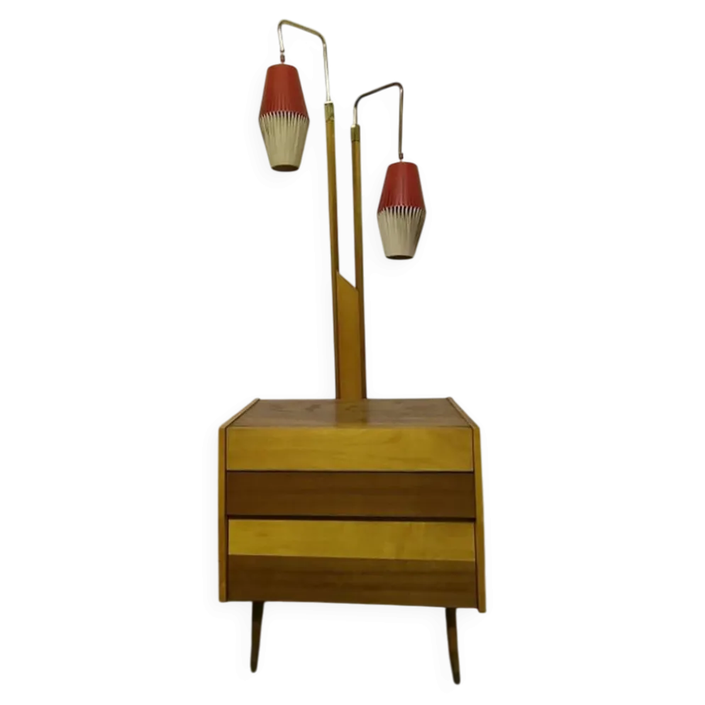 Armoire cocktail en noyer marron avec porte-lampes intégré et 2 abat-jours, 1950s