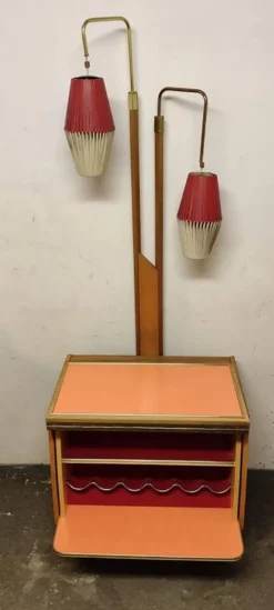 Armoire cocktail en noyer marron avec porte-lampes intégré et 2 abat-jours, 1950s