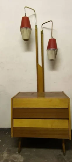 Armoire cocktail en noyer marron avec porte-lampes intégré et 2 abat-jours, 1950s