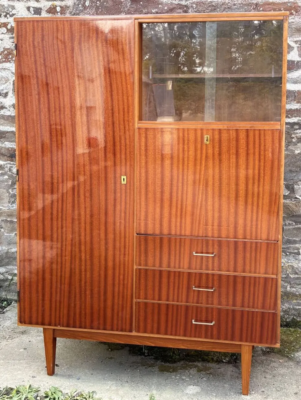 Armoire combinée vintage années 50 en acajou verni – scandinave