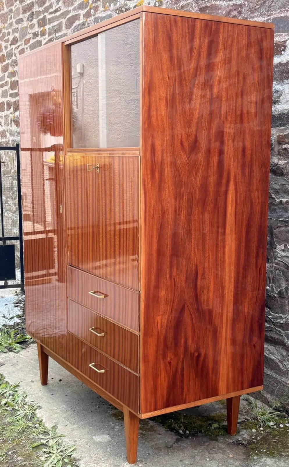 Armoire combinée vintage années 50 en acajou verni – scandinave