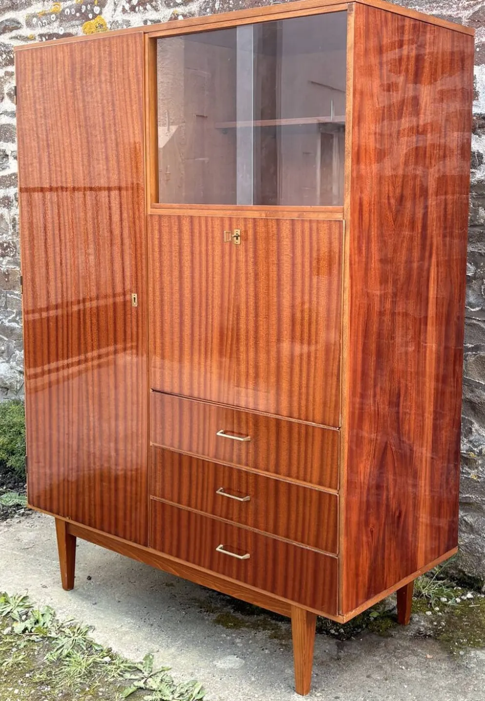 Armoire combinée vintage années 50 en acajou verni – scandinave