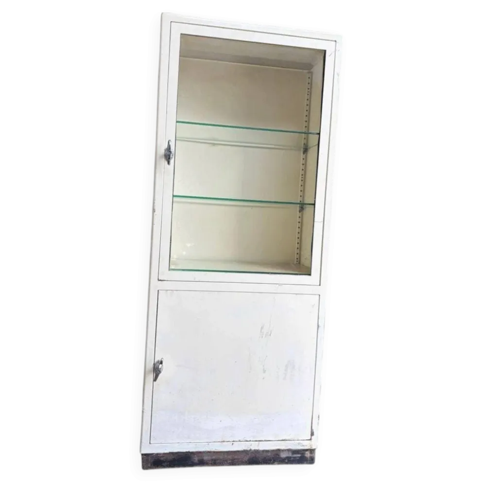 Armoire d'apothicaire industrielle vintage blanche / vitrine