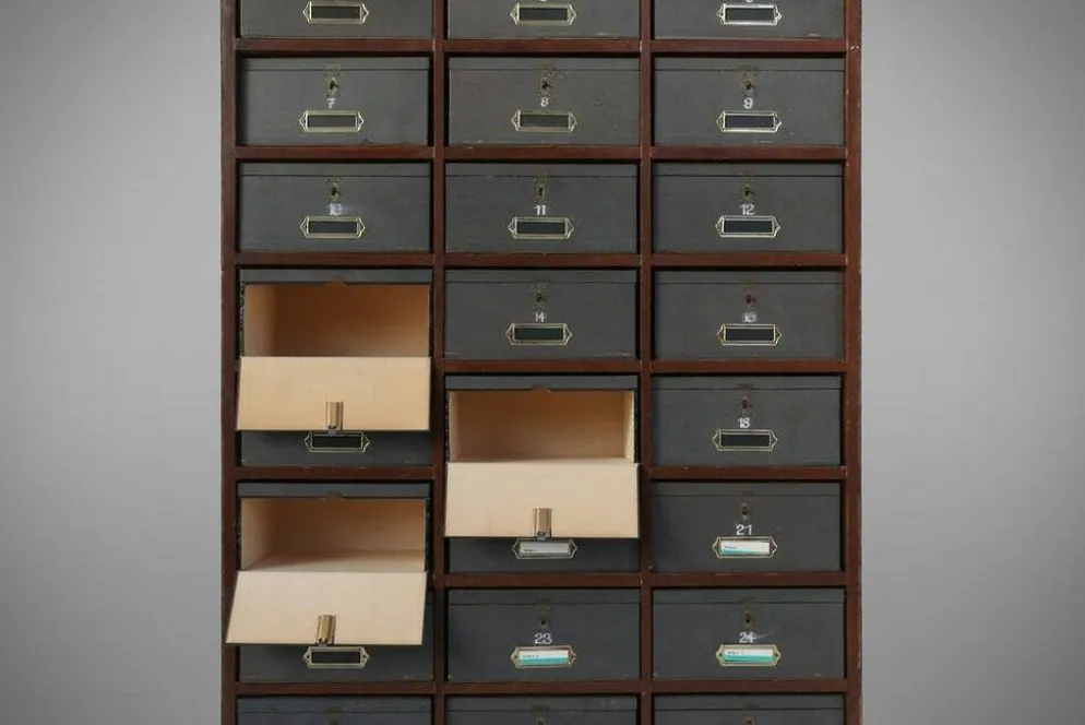 Armoire de classement industrielle en bois, Belgique années 1920