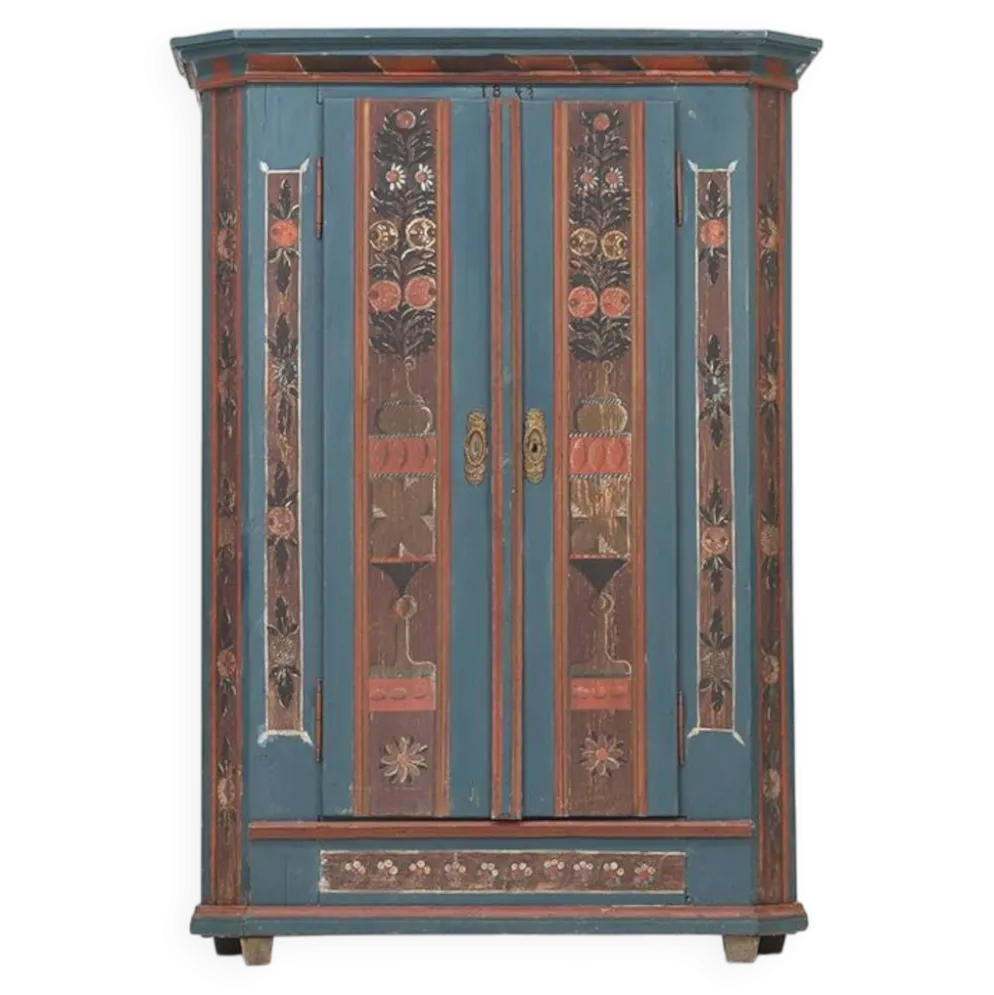 Armoire de mariée rustique peinte, art populaire de ferme, 1841