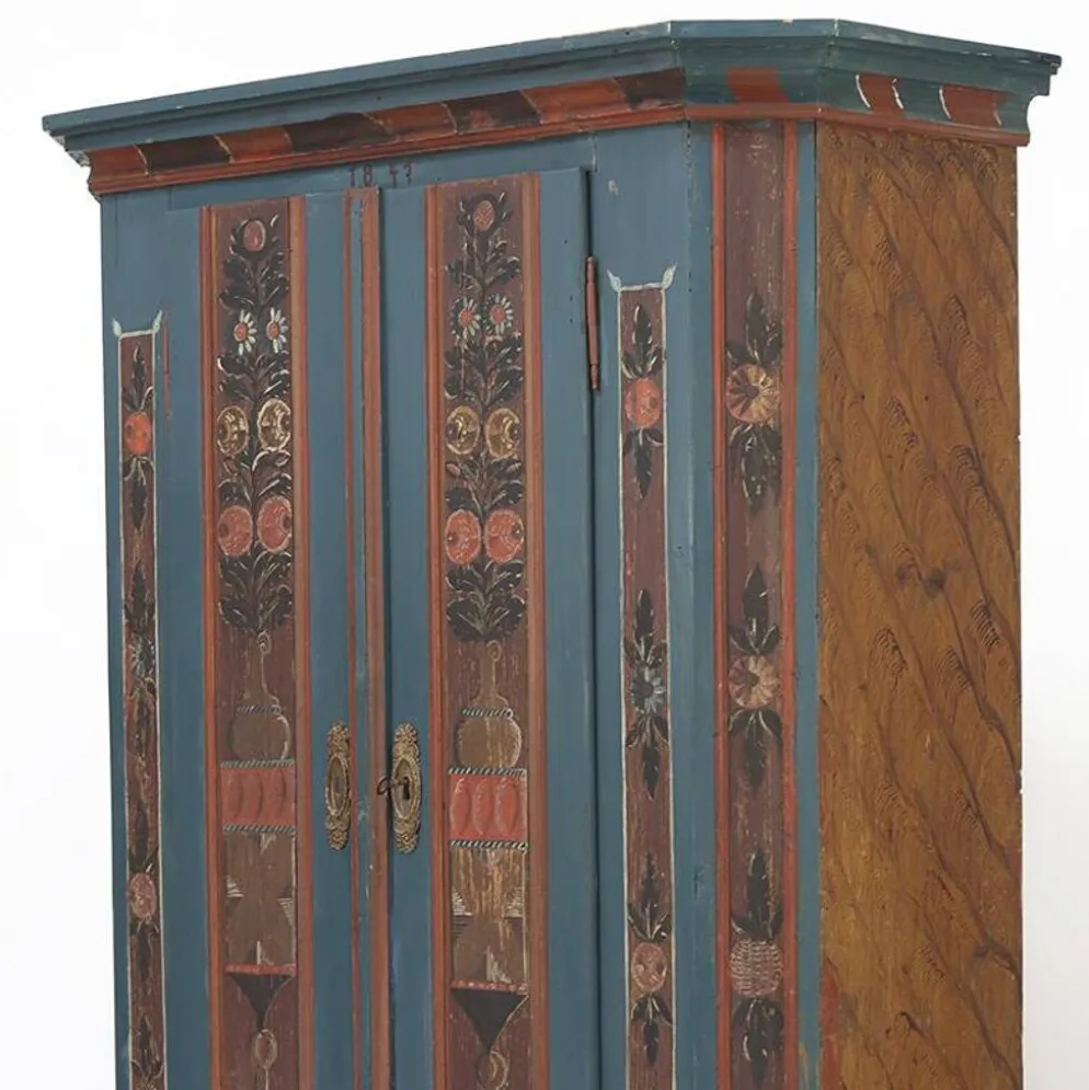 Armoire de mariée rustique peinte, art populaire de ferme, 1841