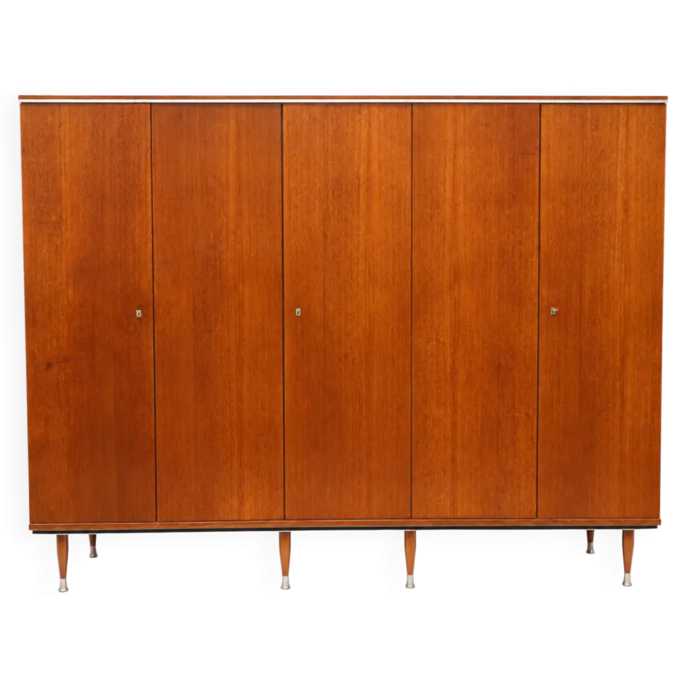 Armoire en teck avec 5 portes, tringle et étagères.