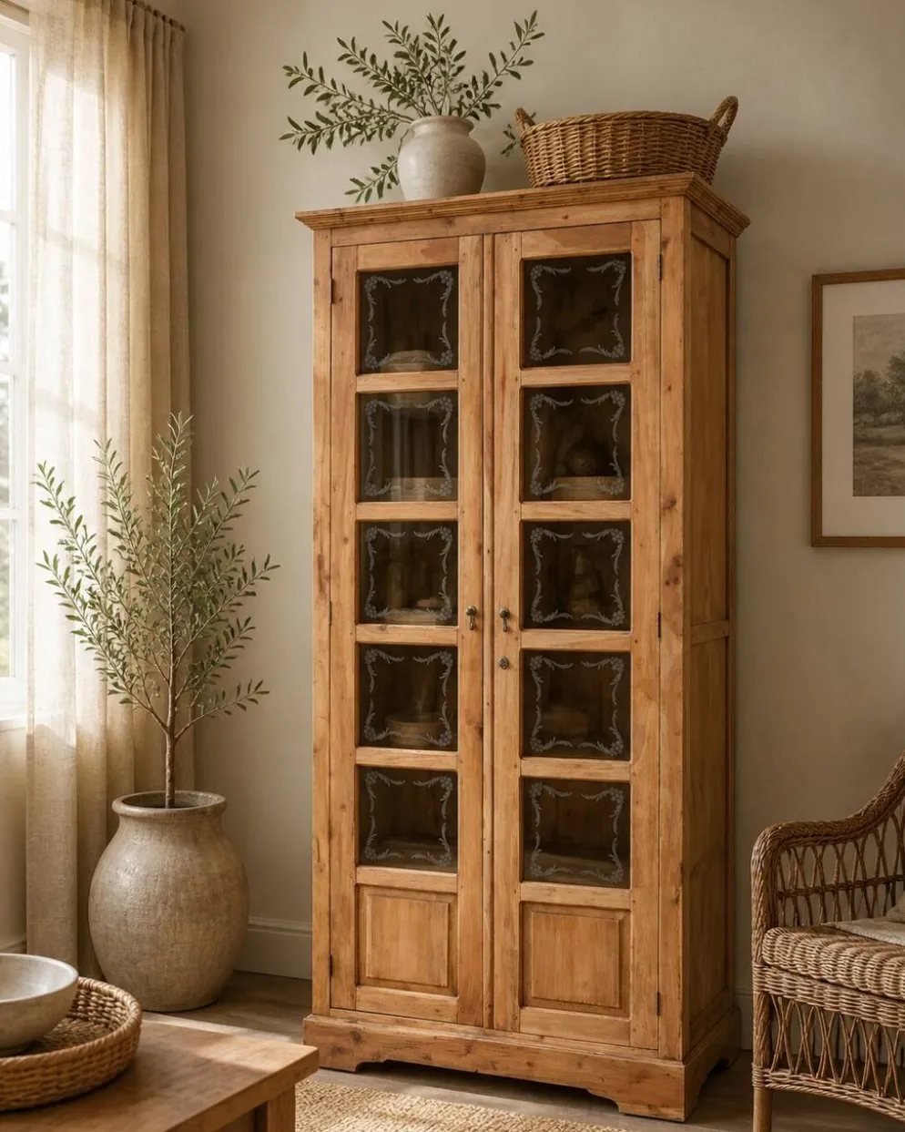 Armoire parisienne en bois brut et vitres gravées 1920