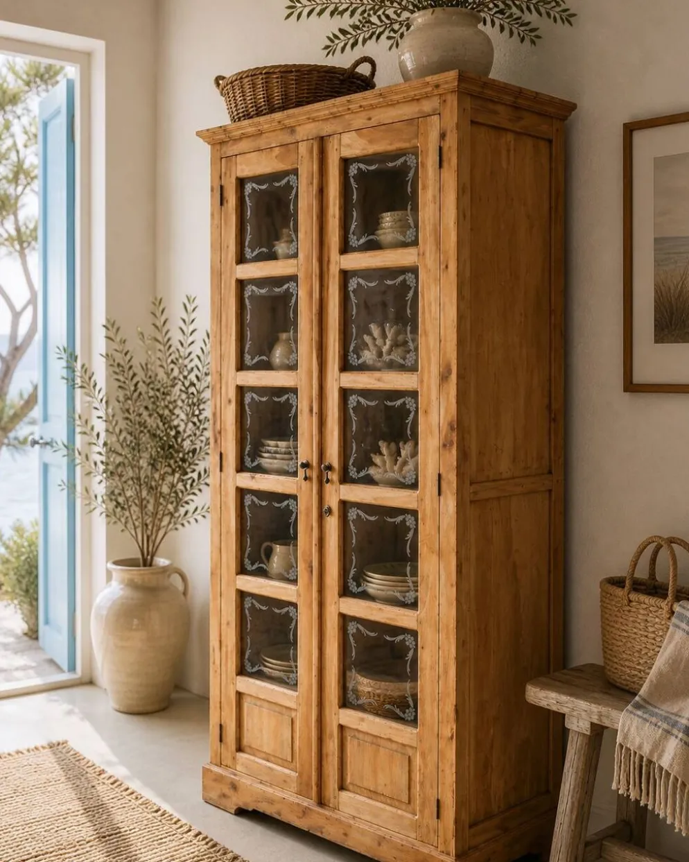 Armoire parisienne en bois brut et vitres gravées 1920
