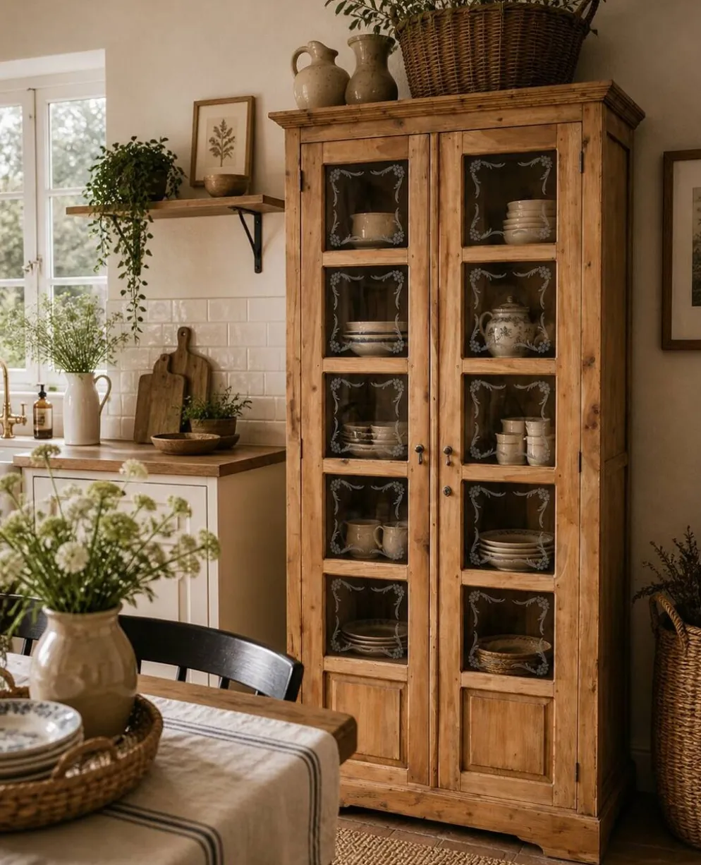 Armoire parisienne en bois brut et vitres gravées 1920