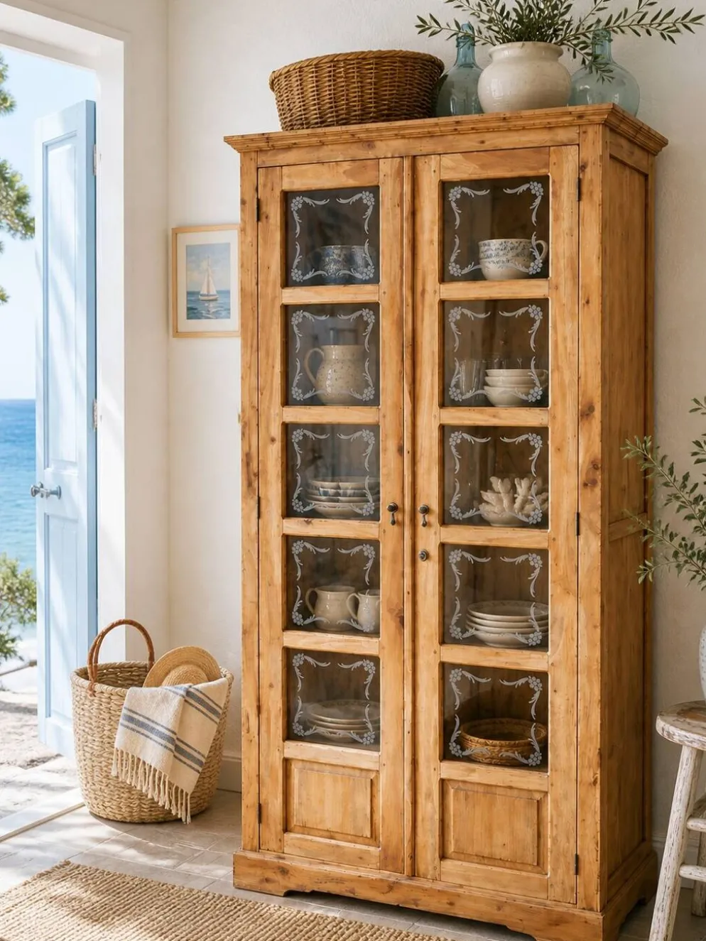 Armoire parisienne en bois brut et vitres gravées 1920
