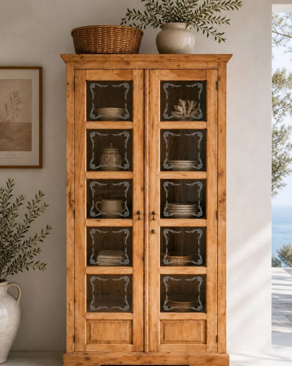 Armoire parisienne en bois brut et vitres gravées 1920