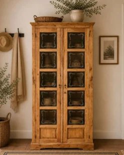Armoire parisienne en bois brut et vitres gravées 1920