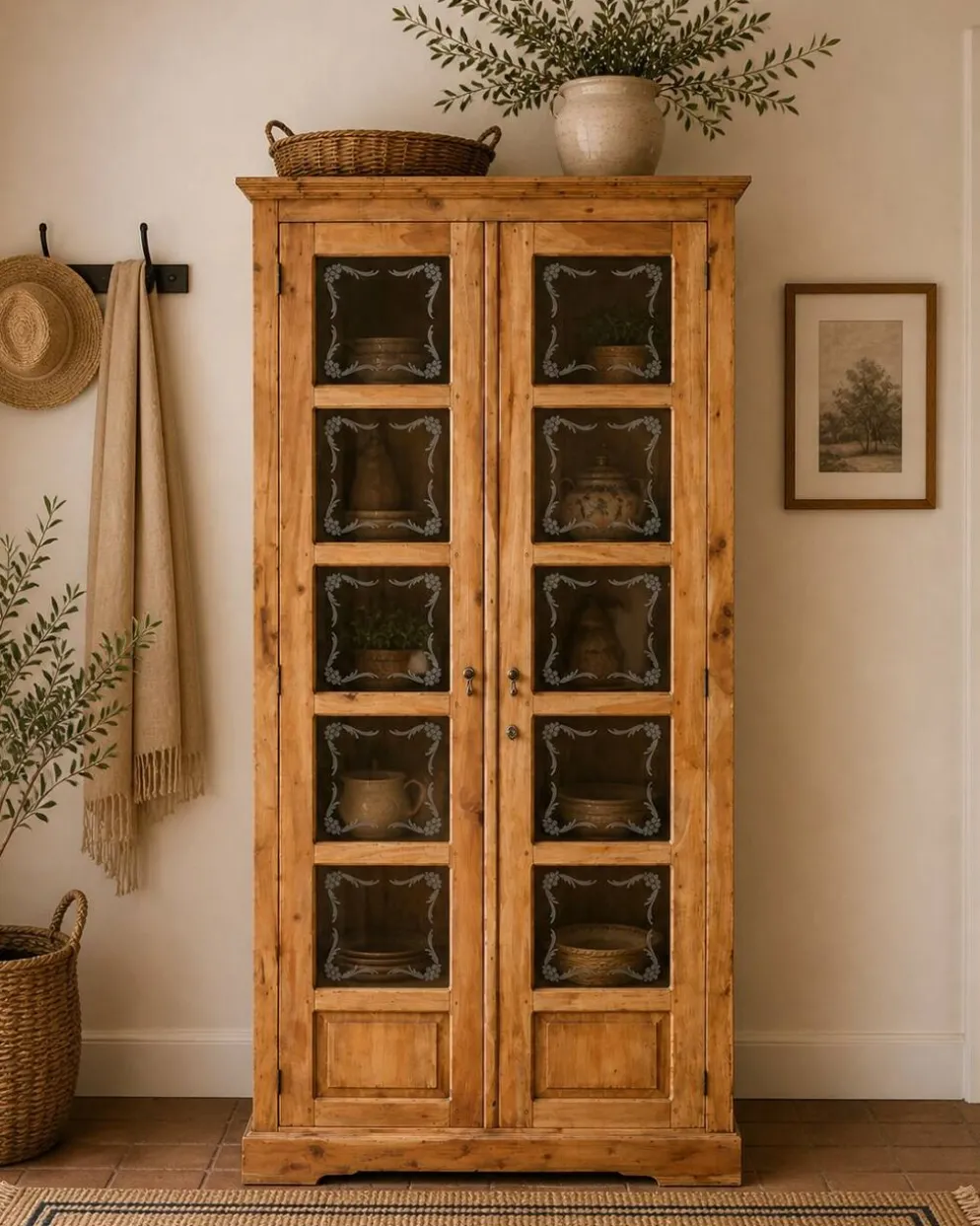 Armoire parisienne en bois brut et vitres gravées 1920