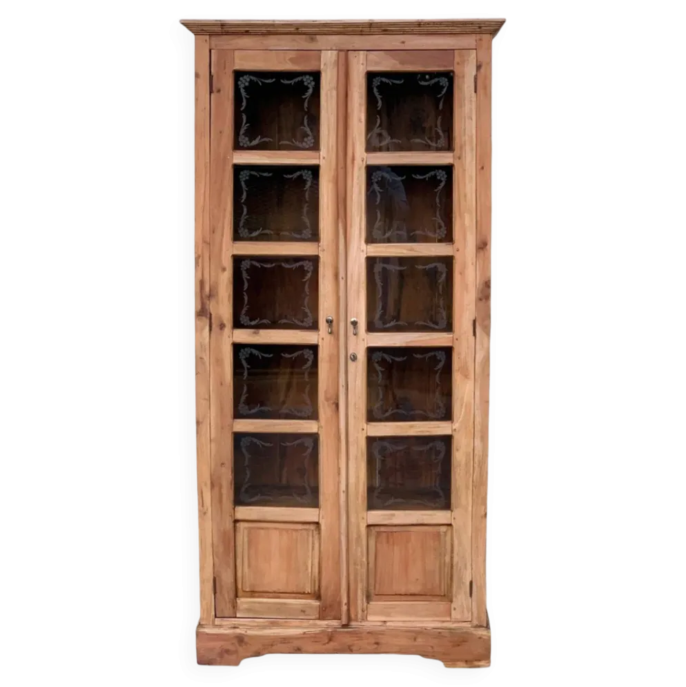 Armoire parisienne en bois brut et vitres gravées 1920