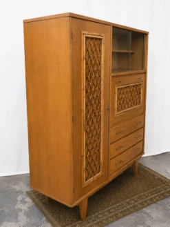 Armoire-secrétaire (3 tiroirs) 1960 en bois et rotin