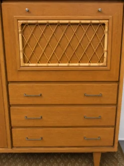 Armoire-secrétaire (3 tiroirs) 1960 en bois et rotin