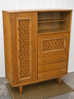 Armoire-secrétaire (3 tiroirs) 1960 en bois et rotin