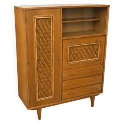 Armoire-secrétaire (3 tiroirs) 1960 en bois et rotin