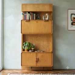 Armoire vintage en érable avec abattant, design Italie, années 1960
