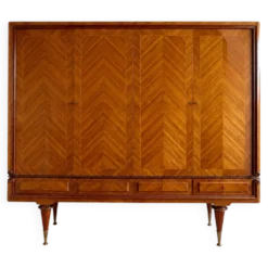 Armoire vintage 4 portes en bois à chevrons, miroir et pieds dorés