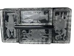 Art déco, plateau serviteur ramequins verre poisson crustacé vers 1940