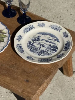 Assiette ancienne en faïence à décor de paysage bleu D24,5