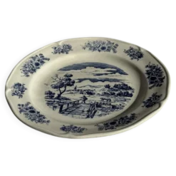 Assiette ancienne en faïence à décor de paysage bleu D24,5