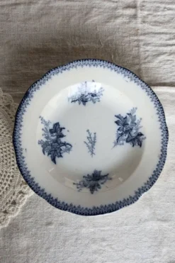 Assiette creuse ancienne en terre de fer Onnaing – Décor végétal bleu